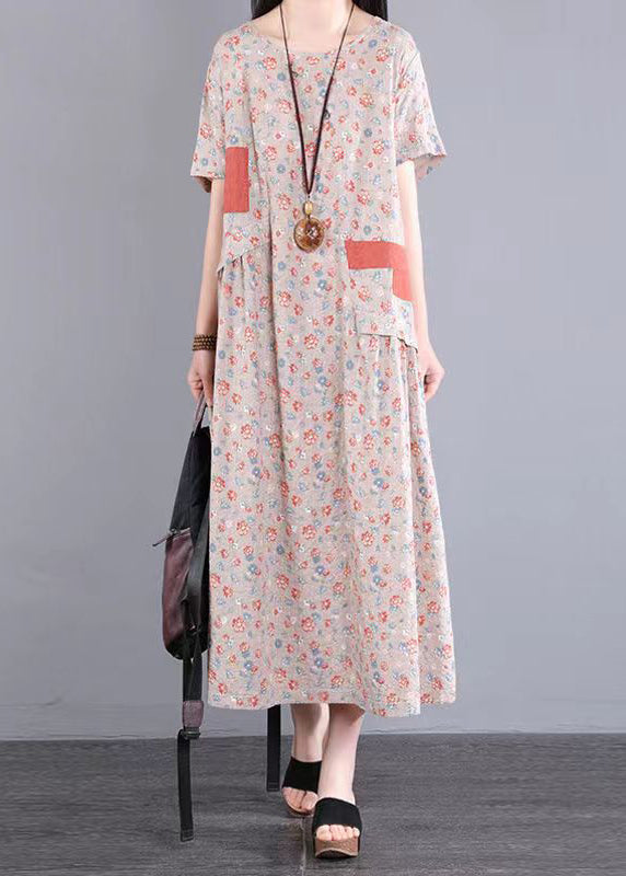 Yellow O Neck Print Patchwork Cotton Long Dresses Summer
