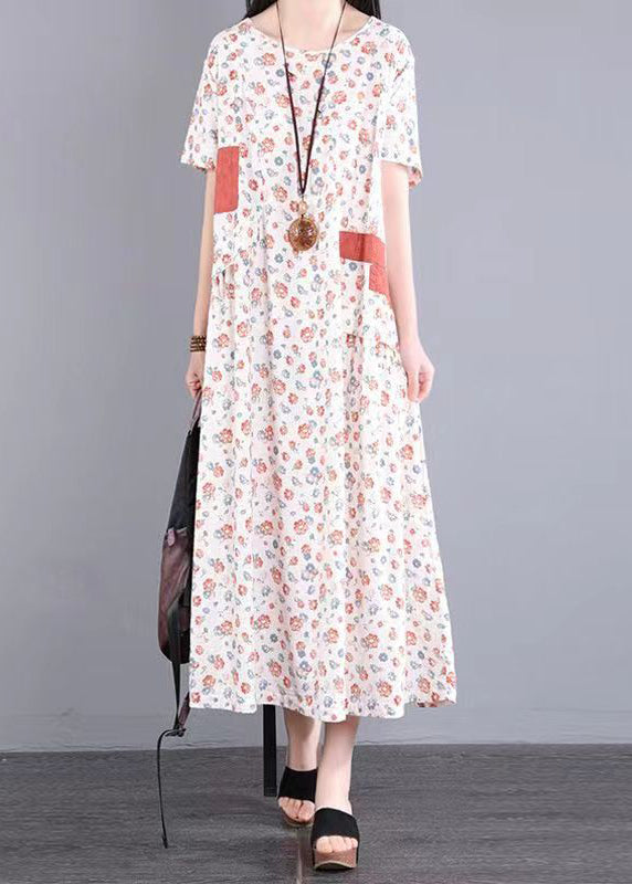 Yellow O Neck Print Patchwork Cotton Long Dresses Summer
