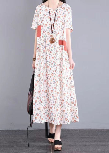 Yellow O Neck Print Patchwork Cotton Long Dresses Summer