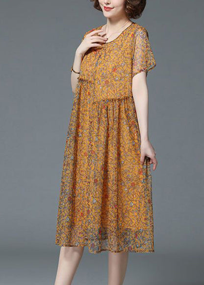 Yellow O-neck Print Patchwork Tulle Long Dresses Summer