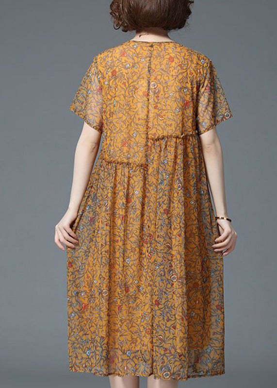 Yellow O-neck Print Patchwork Tulle Long Dresses Summer