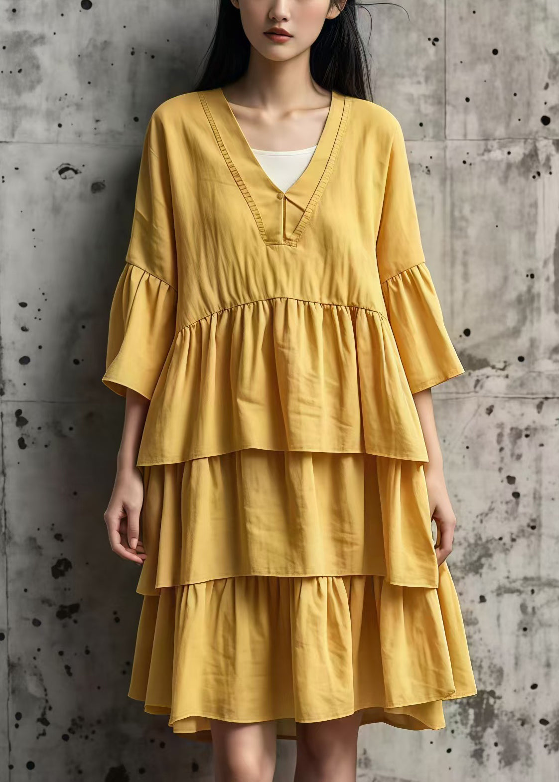 Yellow Oversized Layered Cotton Maxi Dresses Summer