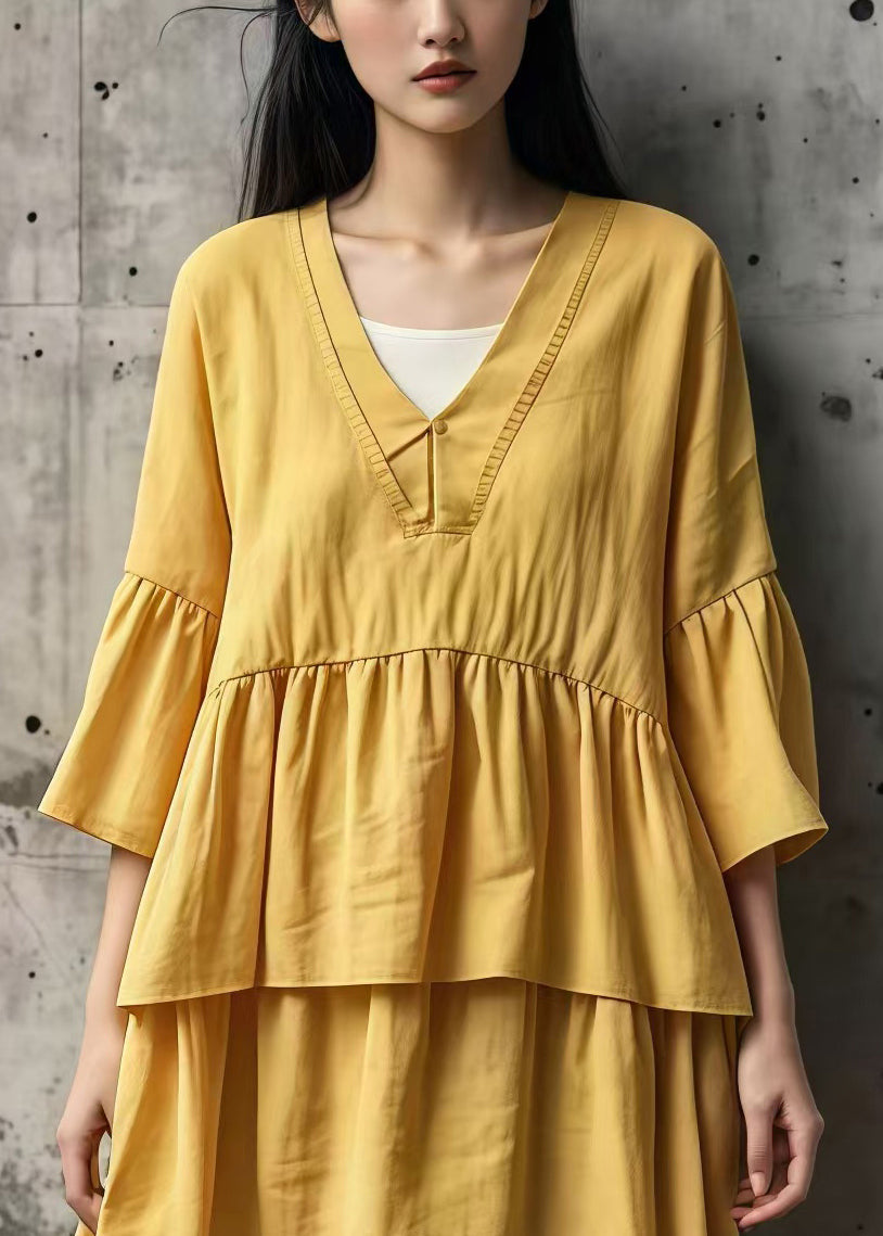 Yellow Oversized Layered Cotton Maxi Dresses Summer