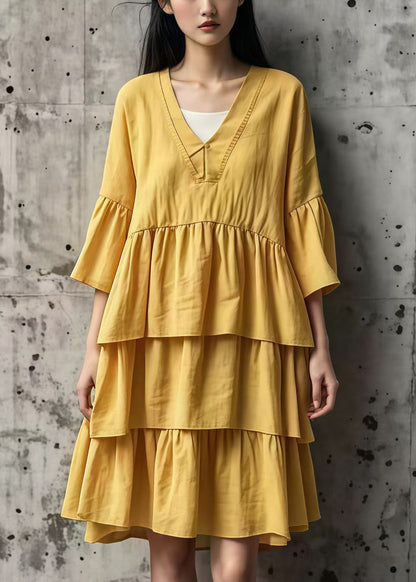Yellow Oversized Layered Cotton Maxi Dresses Summer