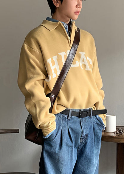 Yellow Peter Pan Collar Letter Knit Sweaters Spring
