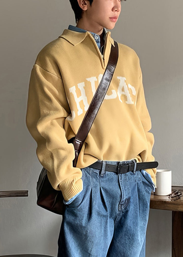 Yellow Peter Pan Collar Letter Knit Sweaters Spring