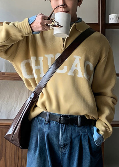 Yellow Peter Pan Collar Letter Knit Sweaters Spring