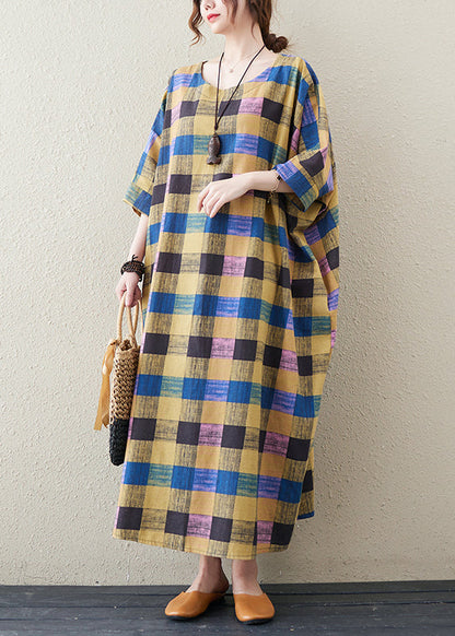 Yellow Plaid O-neck Long Dress Summer
