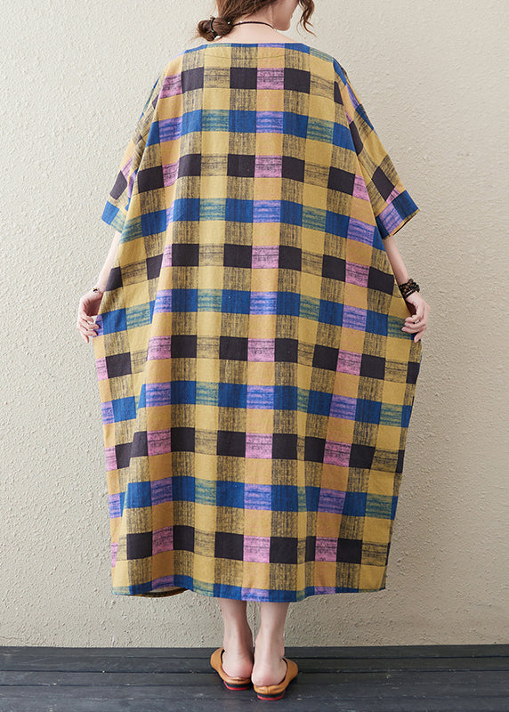 Yellow Plaid O-neck Long Dress Summer