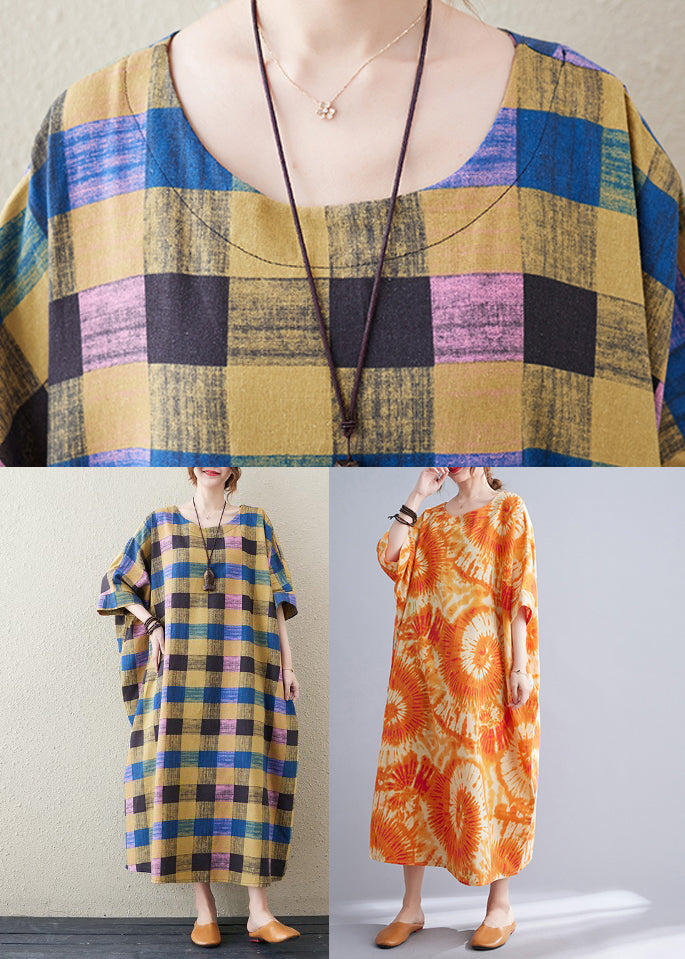 Yellow Plaid O-neck Long Dress Summer