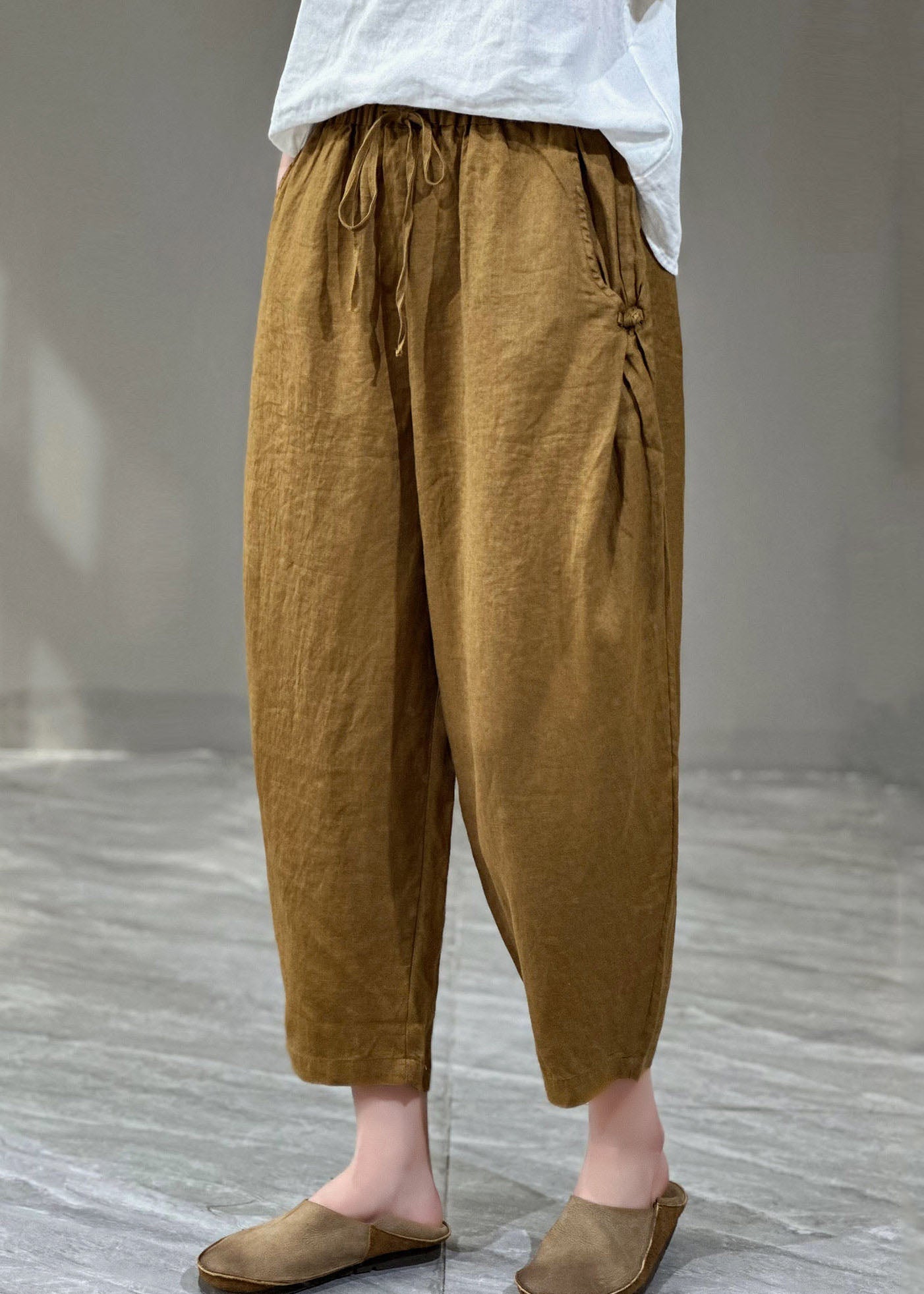 Yellow Pockets Cinched Patchwork Linen Harem Pants Summer