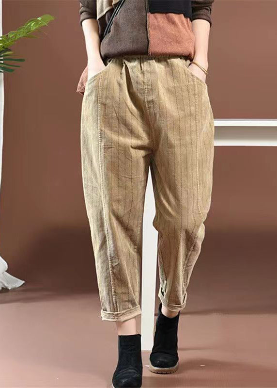Yellow Pockets Elastic Waist Corduroy Pants Spring