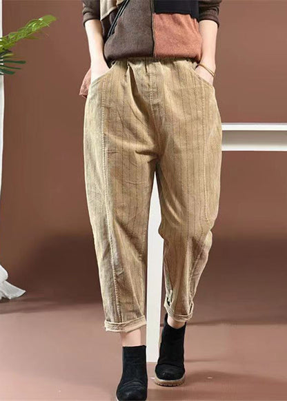Yellow Pockets Elastic Waist Corduroy Pants Spring