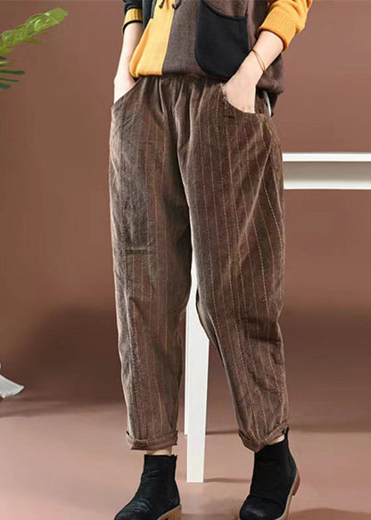 Yellow Pockets Elastic Waist Corduroy Pants Spring
