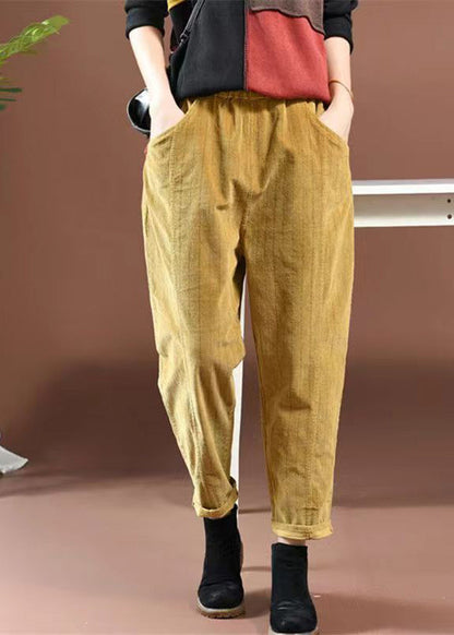 Yellow Pockets Elastic Waist Corduroy Pants Spring