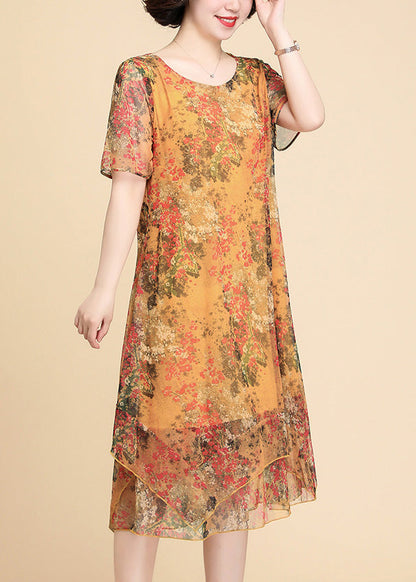 Yellow Print Chiffon Maxi Dress Summer