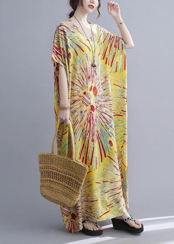 Yellow Print Cotton V Neck Oversize Summer Dress