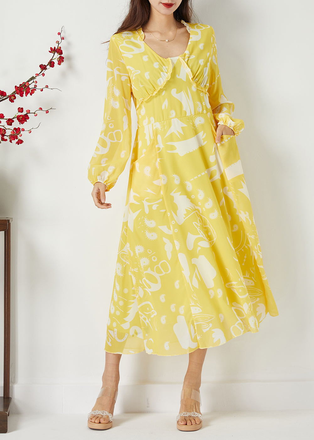 Yellow Ruffled Cinched Print Chiffon Dress Summer