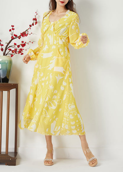 Yellow Ruffled Cinched Print Chiffon Dress Summer