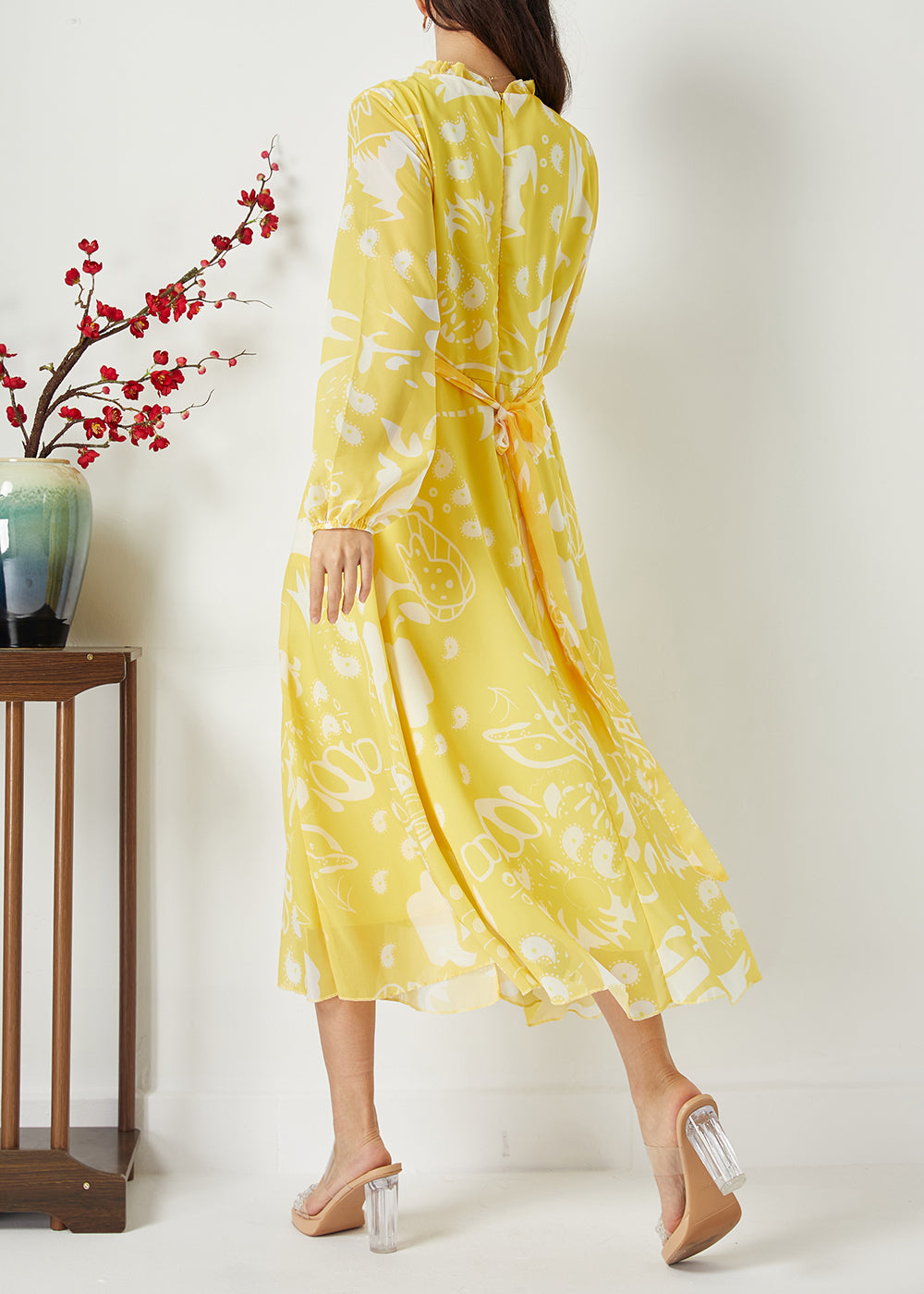 Yellow Ruffled Cinched Print Chiffon Dress Summer