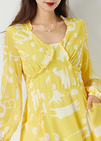 Yellow Ruffled Cinched Print Chiffon Dress Summer
