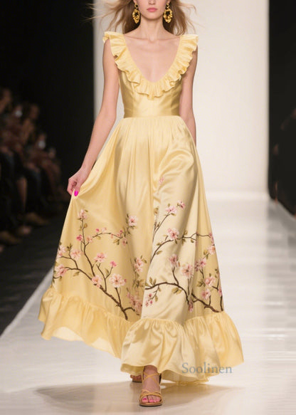 Yellow Ruffles Print Silk Vestidos Dress Summer