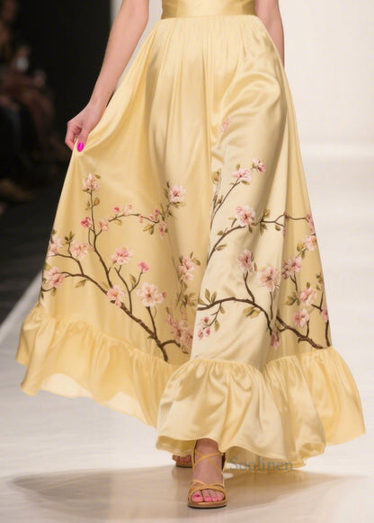 Yellow Ruffles Print Silk Vestidos Dress Summer