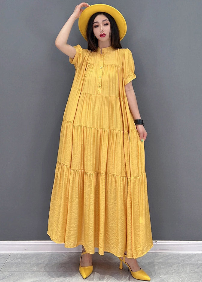 Yellow Stand Collar Patchwork Button Maxi Dresses Short Sleeve
