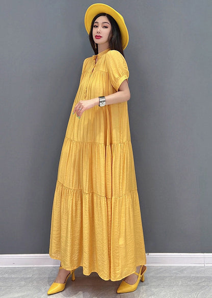 Yellow Stand Collar Patchwork Button Maxi Dresses Short Sleeve
