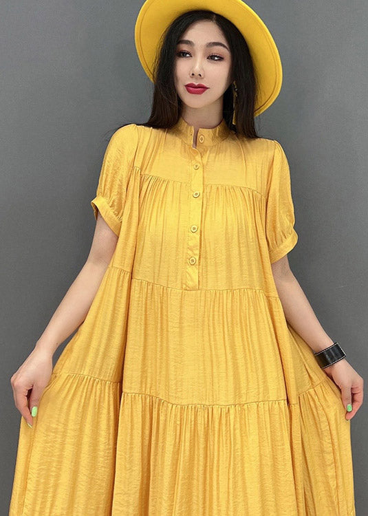 Yellow Stand Collar Patchwork Button Maxi Dresses Short Sleeve