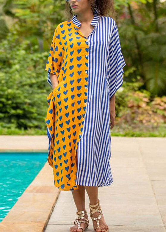 Yellow Stand Collar Striped Button Button Maxi Dresses Summer