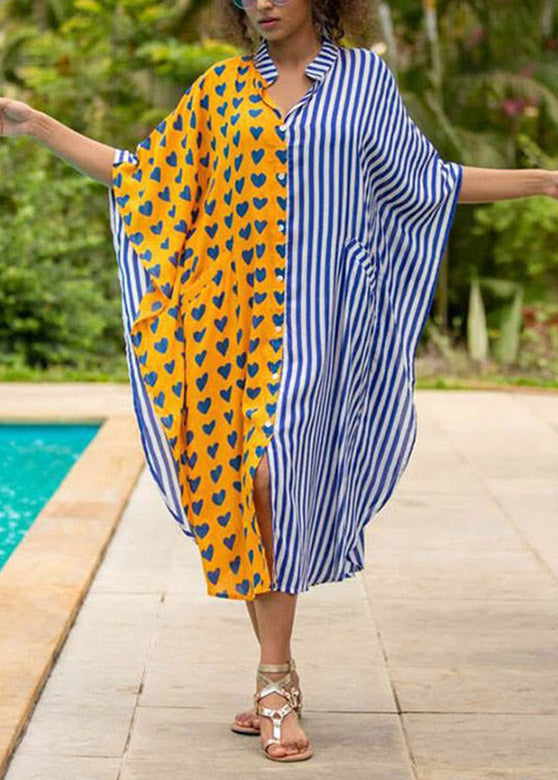 Yellow Stand Collar Striped Button Button Maxi Dresses Summer