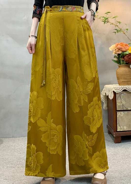 Yellow Tassel Embroidered Pockets Silk Pants Fall
