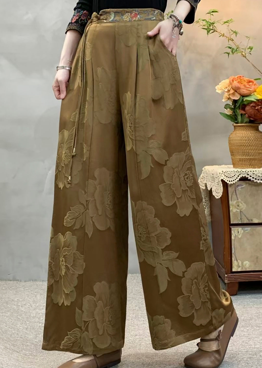 Yellow Tassel Embroidered Pockets Silk Pants Fall
