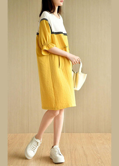 Yellow Tie Waist Pockets Patchwork Summer Vacation Dress Half Sleeve
