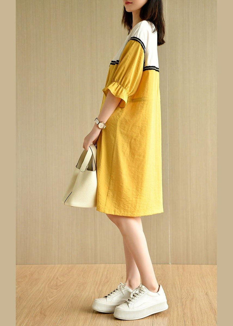 Yellow Tie Waist Pockets Patchwork Summer Vacation Dress Half Sleeve