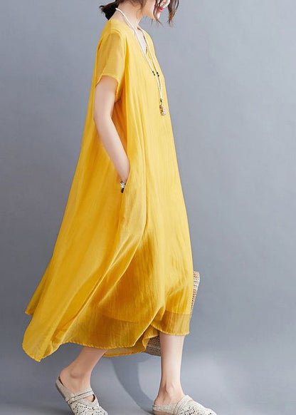 Yellow V Neck Asymmetrical Design Cotton Maxi Dresses Summer