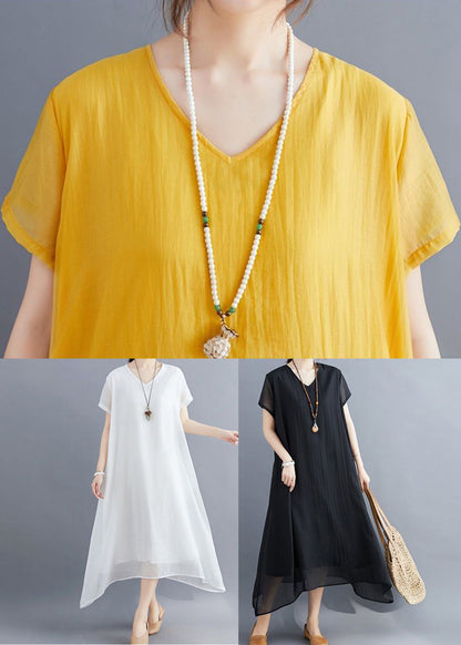 Yellow V Neck Asymmetrical Design Cotton Maxi Dresses Summer