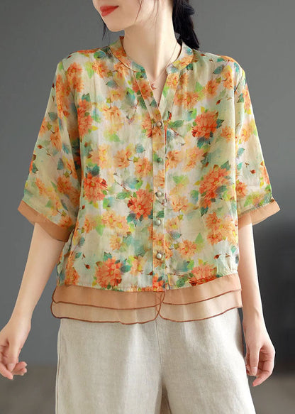 Yellow V Neck Print Button Patchwork Linen Shirts Half Sleeve