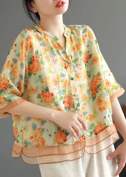Yellow V Neck Print Button Patchwork Linen Shirts Half Sleeve