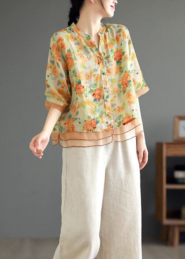 Yellow V Neck Print Button Patchwork Linen Shirts Half Sleeve