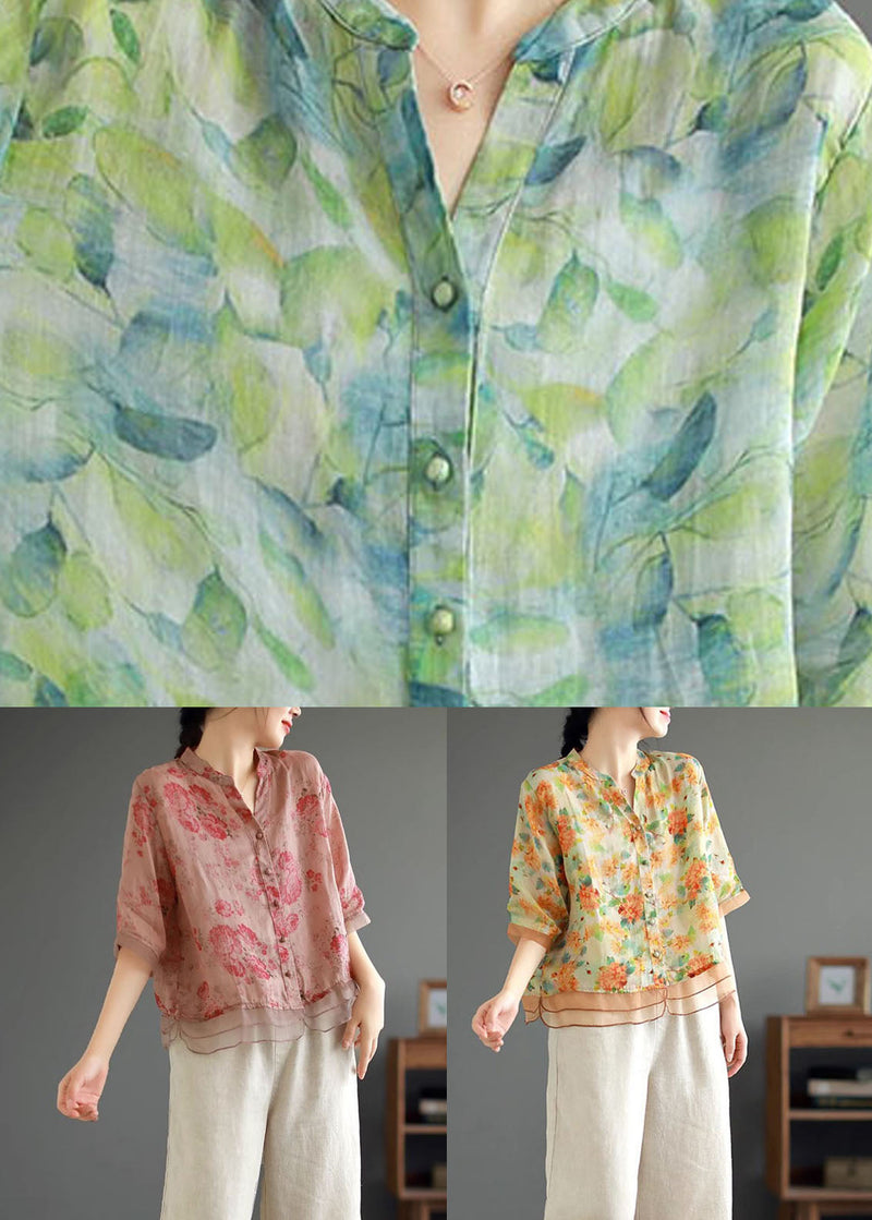 Yellow V Neck Print Button Patchwork Linen Shirts Half Sleeve