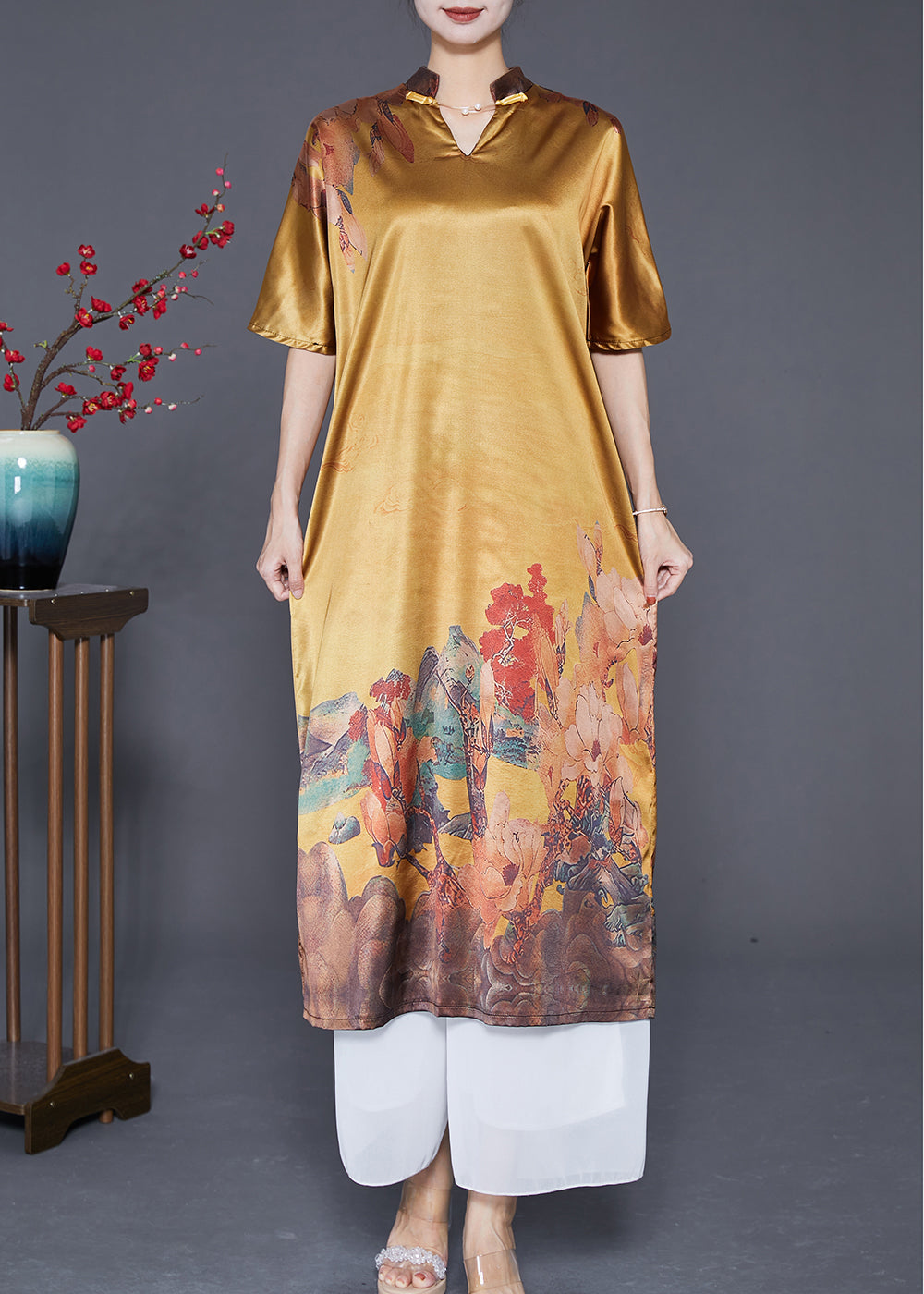 Yellow V Neck Print Silk Party Dress Summer