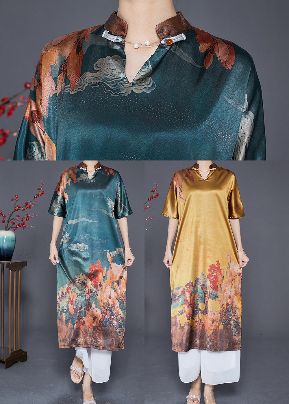 Yellow V Neck Print Silk Party Dress Summer