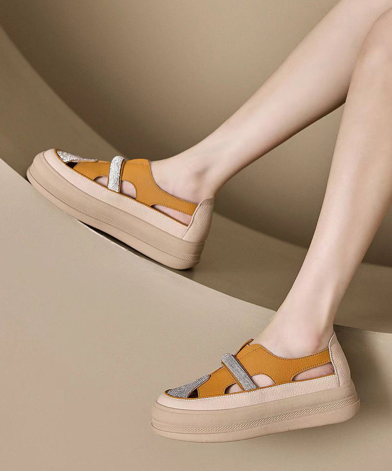 Zircon Splicing Hollow Out Platform Walking Sandals Yellow