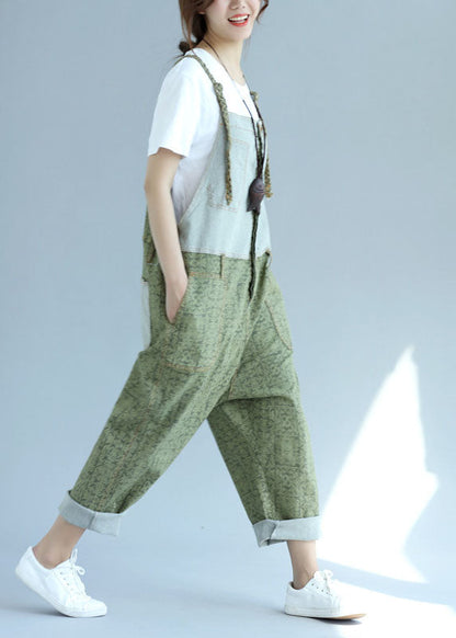 Green Pockets Patchwork Wide Leg Jumpsuit Spring