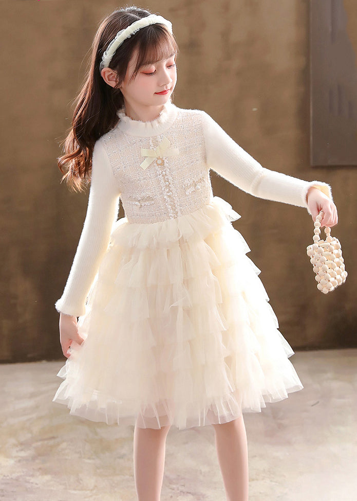 Champagne Button Knit Patchwork Tulle Mid Dresses Fall