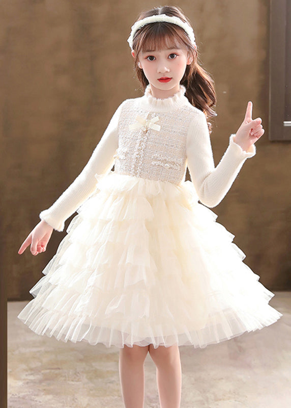 Champagne Button Knit Patchwork Tulle Mid Dresses Fall