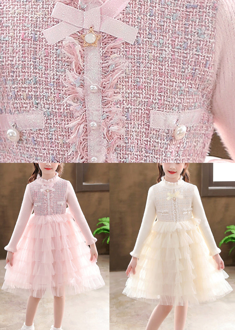 Champagne Button Knit Patchwork Tulle Mid Dresses Fall