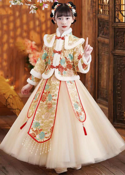 Champagne Fur Collar Tassel Button Coats and Dress Two Pieces Set Winter